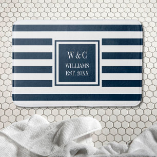 Gepersonaliseerde Monogram Navy Blue Stripe Badmat