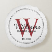 Gepersonaliseerde Monogram Pas getrouwd Rood Rond Kussen (Achterkant)