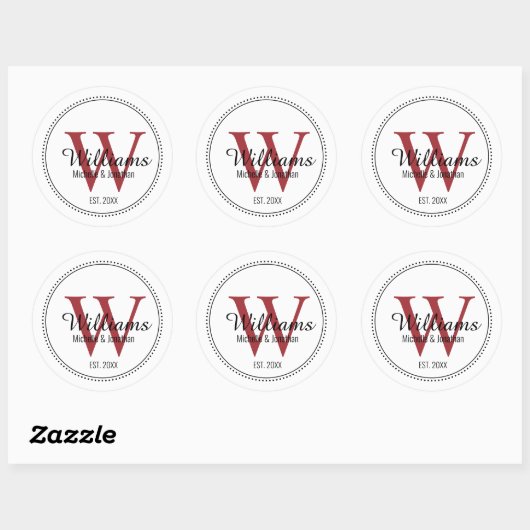 Gepersonaliseerde Monogram Pas getrouwd Rood Ronde Sticker (Vel)