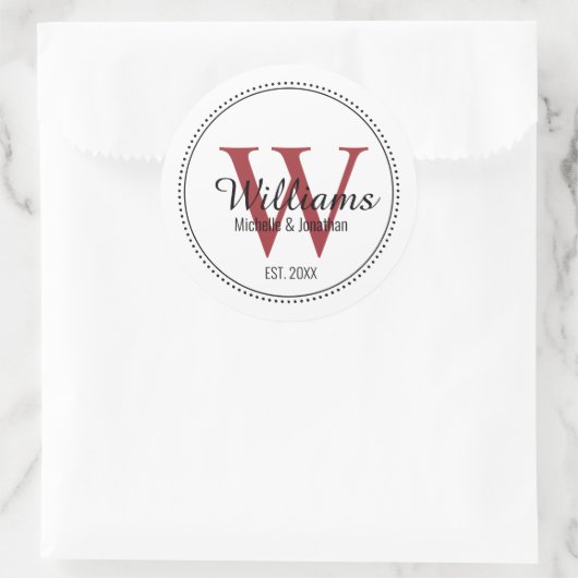Gepersonaliseerde Monogram Pas getrouwd Rood Ronde Sticker (Tas)