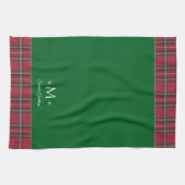 Gepersonaliseerde Monogram Rode Tartan Groene Kers Theedoek (Horizontaal)