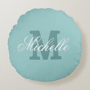 Gepersonaliseerde monogram ronde werpkussen   Blau Rond Kussen