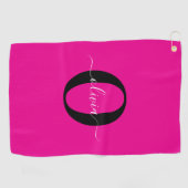 Gepersonaliseerde Monogram Script Naam Roze Zwart  Golfhanddoek (Horizontaal)