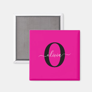 Gepersonaliseerde Monogram Script Naam Roze Zwart  Magneet