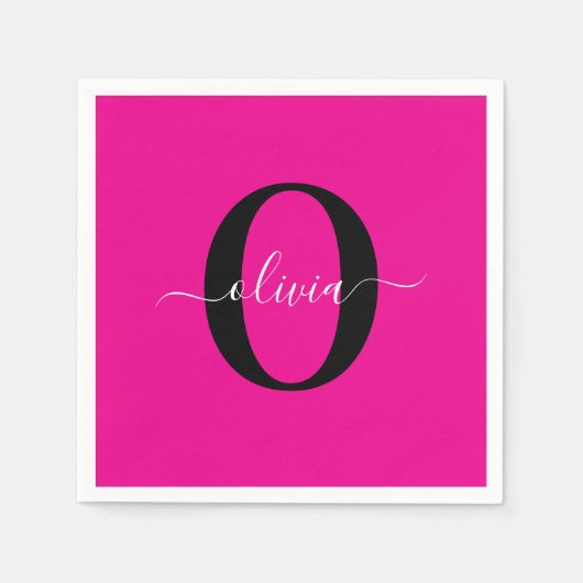 Gepersonaliseerde Monogram Script Naam Roze Zwart  Servet (Voorkant)