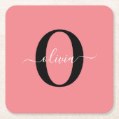 Gepersonaliseerde monogram scriptnaam zwart wit ro vierkante kartonnen onderzetter (Voorkant)