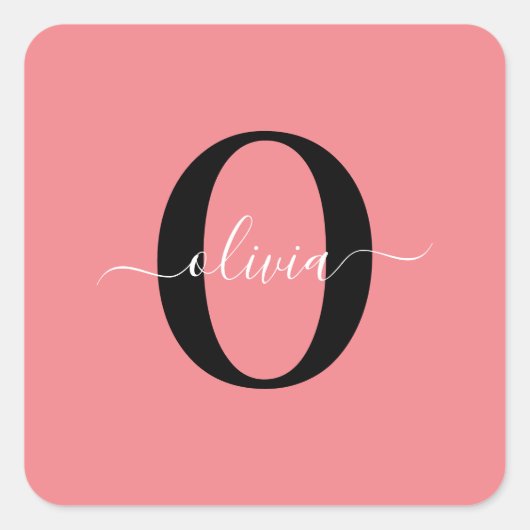 Gepersonaliseerde monogram scriptnaam zwart wit ro vierkante sticker (Voorkant)