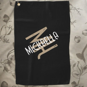 Gepersonaliseerde monogram zwart wit beige naam golfhanddoek