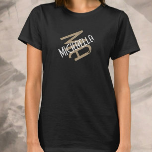 Gepersonaliseerde monogram zwart wit beige naam t-shirt