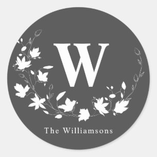 Gepersonaliseerde Monogram Zwart Wit Bloemenkrans Ronde Sticker
