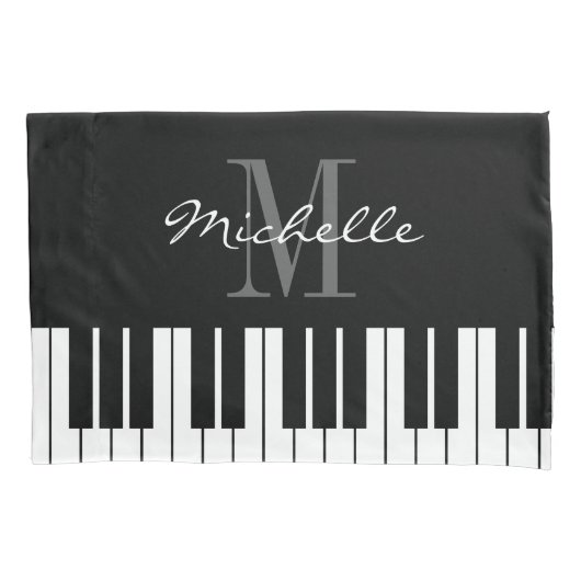 Gepersonaliseerde monogram zwarte en witte pianosl kussensloop (Voorkant)