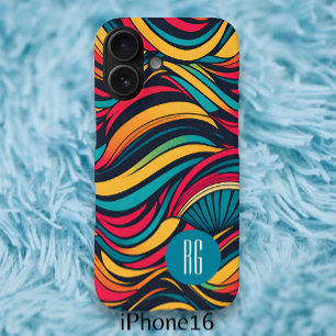 Gepersonaliseerde Monogrammed Abstract Waves Patte iPhone 16 Hoesje