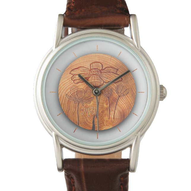 Gepersonaliseerde Monogrammed & Bloeiende houten c Horloge (Creator heeft geüpload)