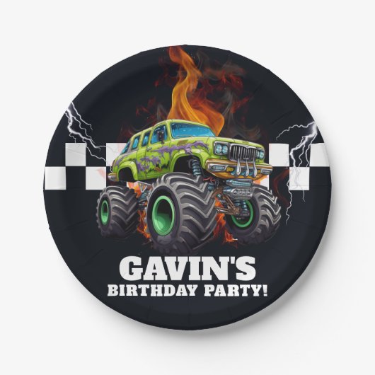 Gepersonaliseerde Monster Truck Verjaardagsfeest Papieren Bordje (Voorkant)