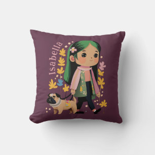 Gepersonaliseerde mooie meisje wandelen met pug kussen