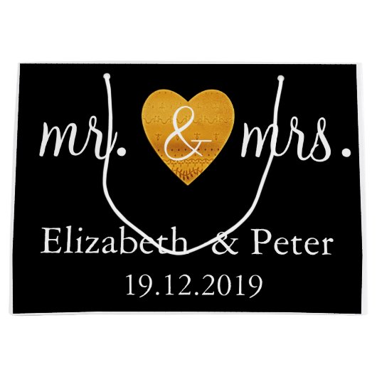 Gepersonaliseerde Mr en Mrs Gold Love Heart Weddin Groot Cadeauzakje (Voorkant)