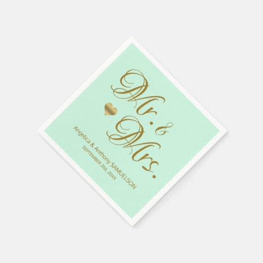 Gepersonaliseerde Mr & Mrs Mint Green Gold bruilof Servetten (Hoek)