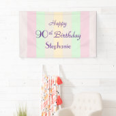 Gepersonaliseerde naam 90e verjaardag Pastel Strip Spandoek (Insitu)