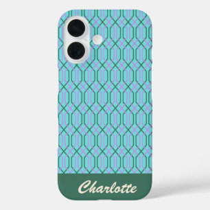 Gepersonaliseerde naam Aqua Blue  Geometric iPhone 16 Hoesje