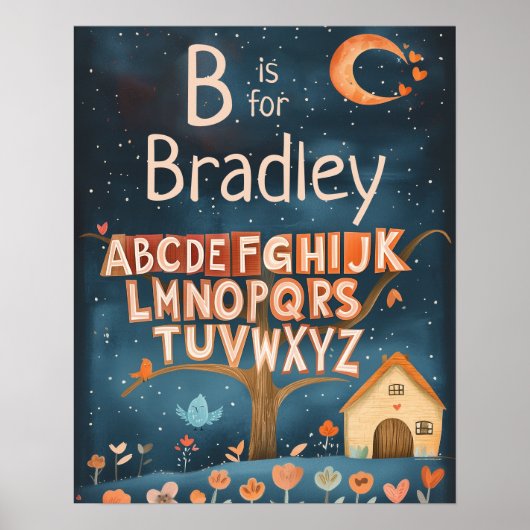 Gepersonaliseerde naam Baby Boys Nursery Alphabet Poster (Voorkant)