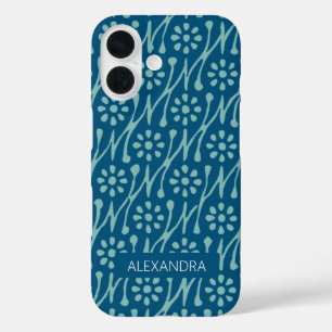 Gepersonaliseerde naam Blauwgroen Blue Boho Floral iPhone 16 Hoesje