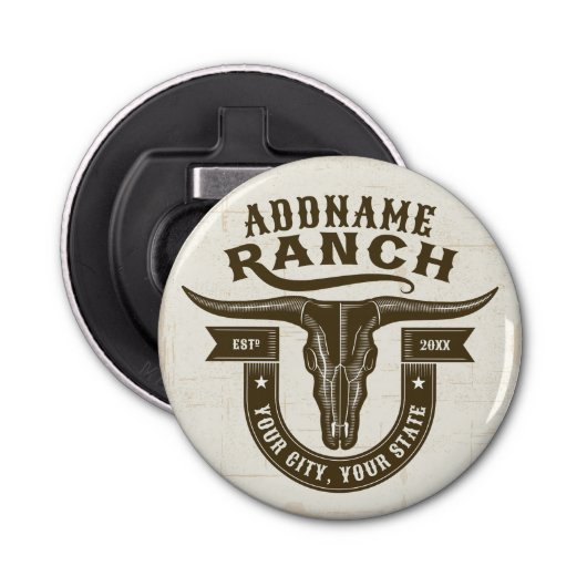Gepersonaliseerde NAAM Bull Steer Skull Westerne R Button Flesopener (Voorkant)