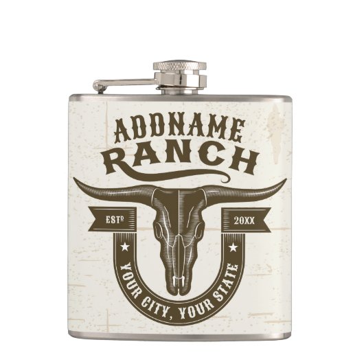 Gepersonaliseerde NAAM Bull Steer Skull Westerne R Heupfles (Voorkant)