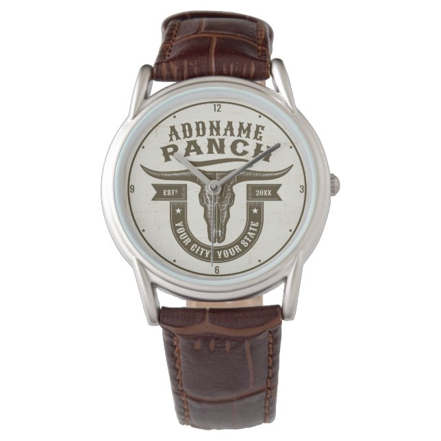 Gepersonaliseerde NAAM Bull Steer Skull Westerne R Horloge (Voorkant)