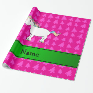 Gepersonaliseerde naam eenhoorn roze bomen cadeaupapier