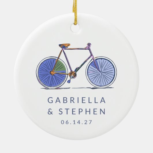 Gepersonaliseerde naam Fiets Getrouwd paar Kerstmi Keramisch Ornament (Achterkant)