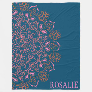 Gepersonaliseerde naam Floral Mandala Blauw Roze U Fleece Deken