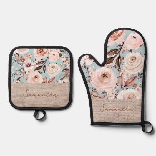 Gepersonaliseerde naam Floral Ovenwant & Pannenlap Set (Voorkant)