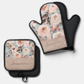Gepersonaliseerde naam Floral Ovenwant & Pannenlap Set (Voorkant / Achterkant)