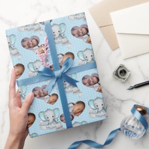 Gepersonaliseerde Naam & Foto Olifant Baby Boy Blu Cadeaupapier