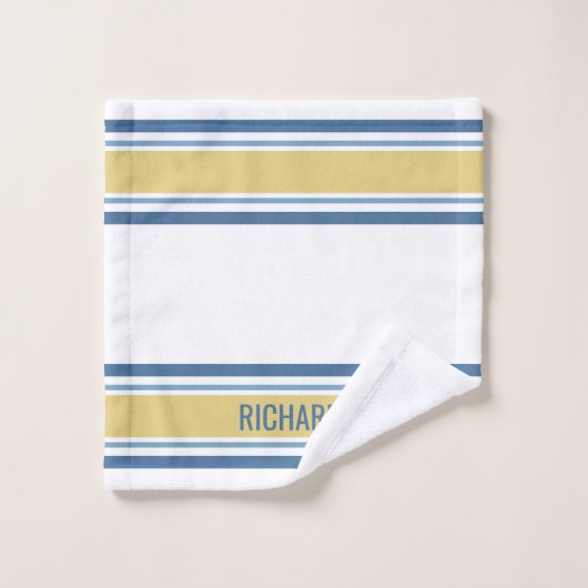 Gepersonaliseerde naam Geel en Blauw Striped Bad Handdoek (Wasdoekje)