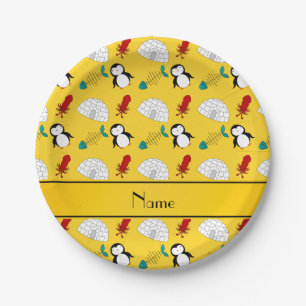 Gepersonaliseerde naam gele pinguïns igloo fish sq papieren bordje