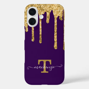 Gepersonaliseerde naam Gold Fake Glitter Drip Mono iPhone 16 Hoesje