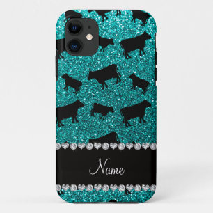 Gepersonaliseerde naam heldere aqua glitter koeien iPhone 11 hoesje