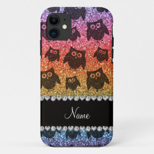 Gepersonaliseerde naam heldere regenbooglitter uil iPhone 11 hoesje