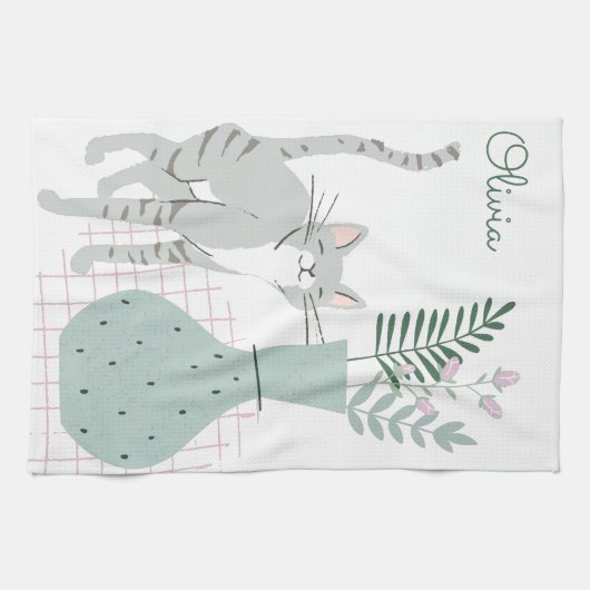 Gepersonaliseerde Naam Kat Mam Bloemen Schattige Theedoek (Horizontaal)