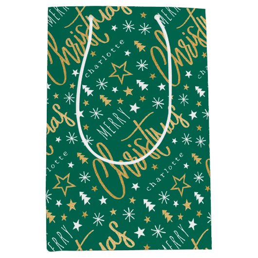 Gepersonaliseerde naam Kerstscript Green Faux Gold Medium Cadeauzakje (Voorkant)