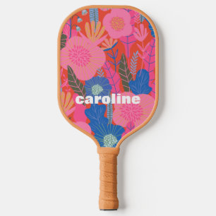 Gepersonaliseerde naam Kleurrijke Rode Roze Bloeme Pickleball Paddle