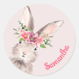 Gepersonaliseerde naam konijntje roze handgeschrev ronde sticker