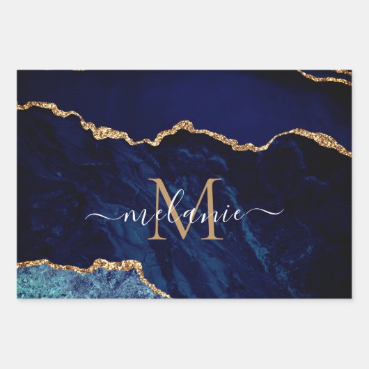Gepersonaliseerde Naam Letter Navy Blauw Goud Marm Inpakpapier Vel (Voorkant 2)