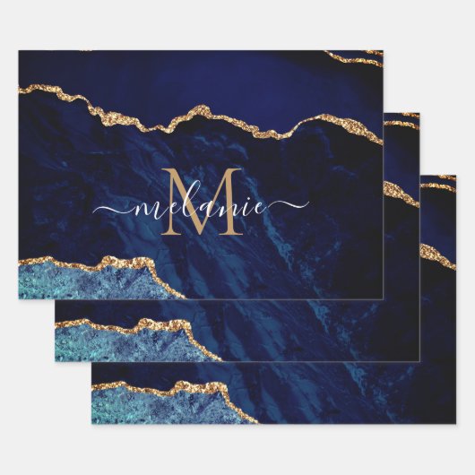 Gepersonaliseerde Naam Letter Navy Blauw Goud Marm Inpakpapier Vel (Set)