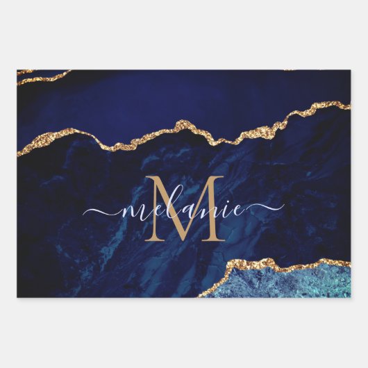 Gepersonaliseerde Naam Letter Navy Blauw Goud Marm Inpakpapier Vel (Voorkant 2)