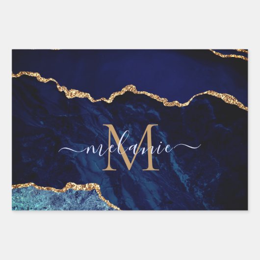 Gepersonaliseerde Naam Letter Navy Blauw Goud Marm Inpakpapier Vel (Voorkant 3)