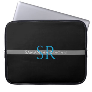 Gepersonaliseerde naam & monogram blauw/wit grijze laptop sleeve
