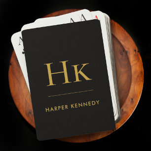 Gepersonaliseerde naam Monogram Zwart Goud Pokerkaarten