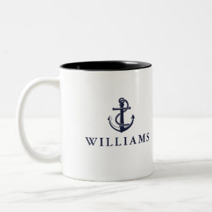 Gepersonaliseerde naam Nautical Boat Anker Navy Bl Tweekleurige Koffiemok